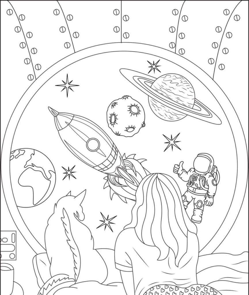 Aestheics Girl, Cat and Space Coloring Page - Free Printable Coloring Pages  for Kids