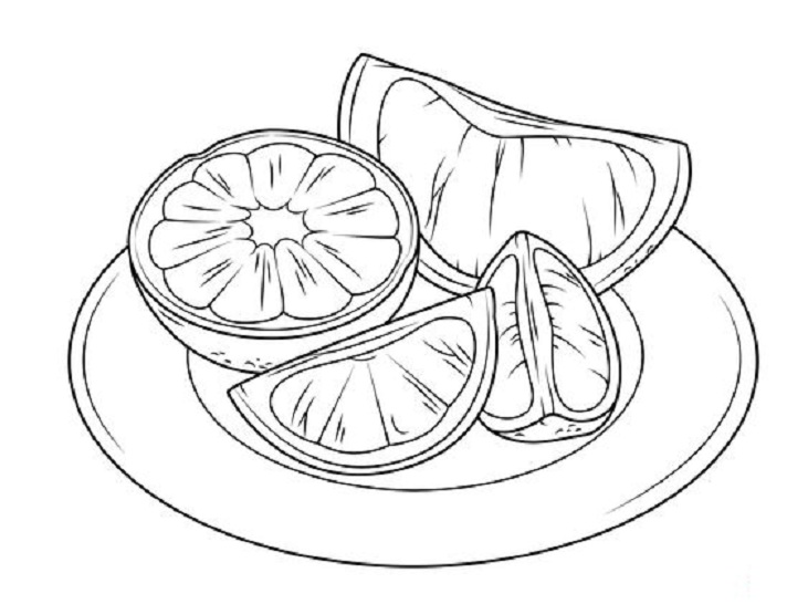 Grapefruit on a plate coloring book to print and online