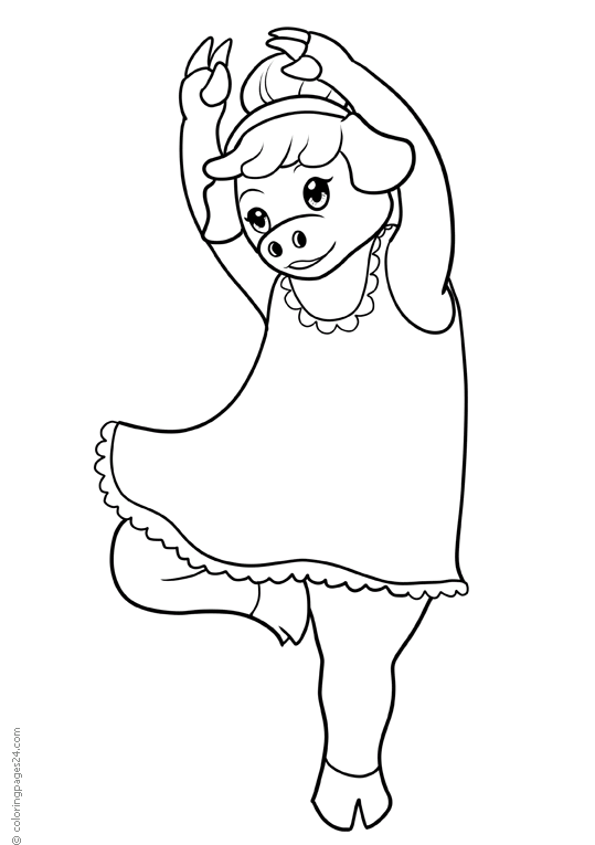 A pig in a dress standing on one leg | Coloring Pages 24