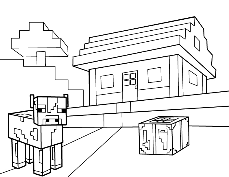 Minecraft House and Cow Coloring Page - Get Coloring Pages
