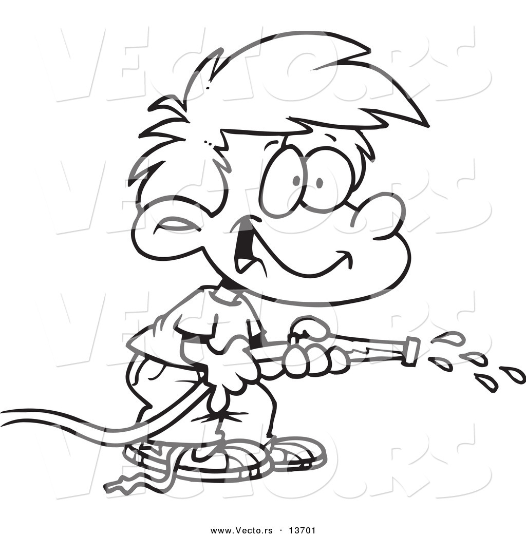 Vector of a Cartoon Boy Using a Garden Hose to Water - Coloring Page  Outline by toonaday - #13701
