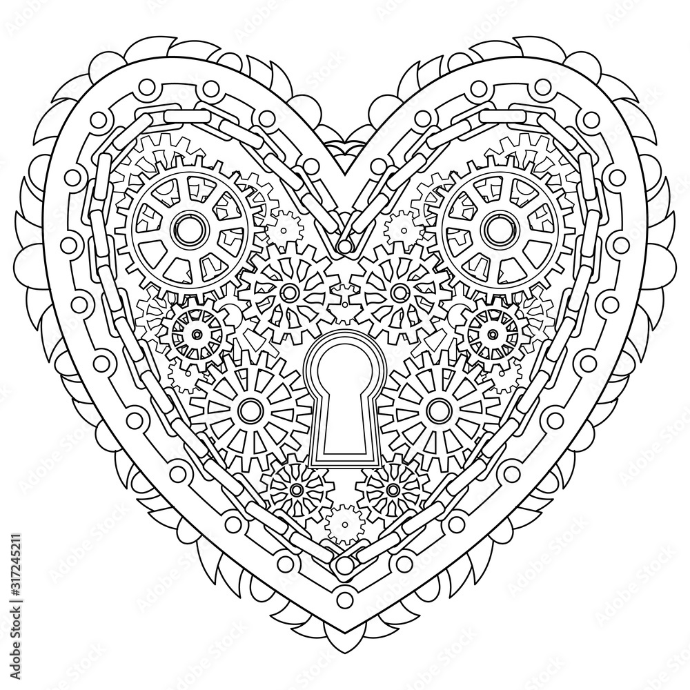 Adult coloring page for anti stress art therapy with editable line.  Beautiful patterned heart in zentagle style. Template for t-shirt, tattoo,  poster or cover. Colouring book for Valentines day. Stock Vector |