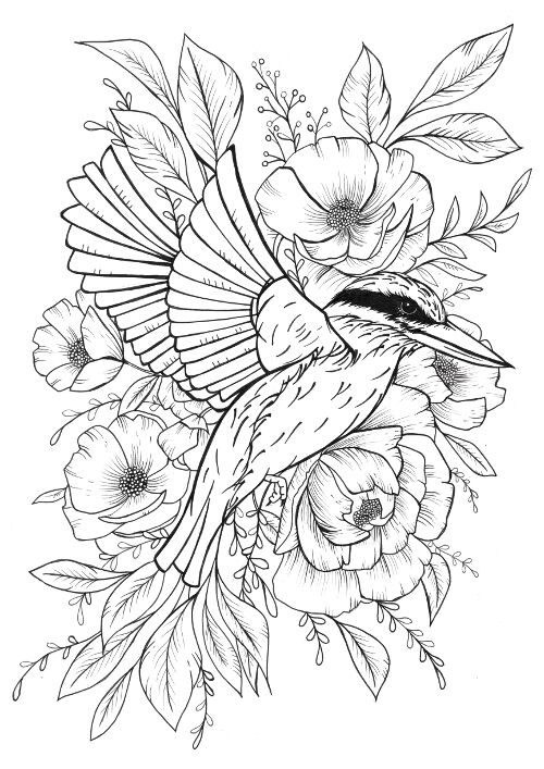 B&W Floral Kingfisher - originals - FionaClarkeART.co.nz