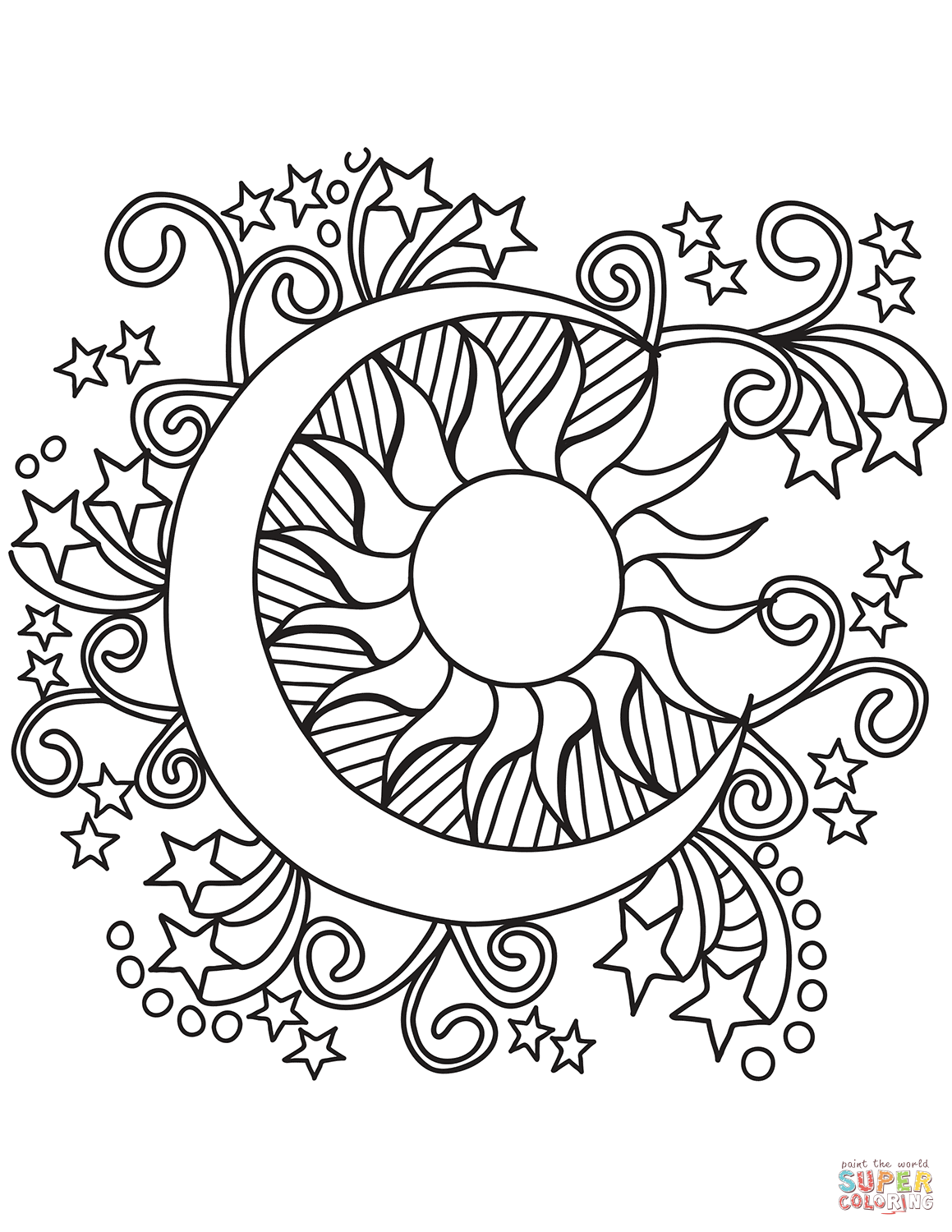 Pop Art Sun, Moon, and Stars coloring page | Free Printable ...