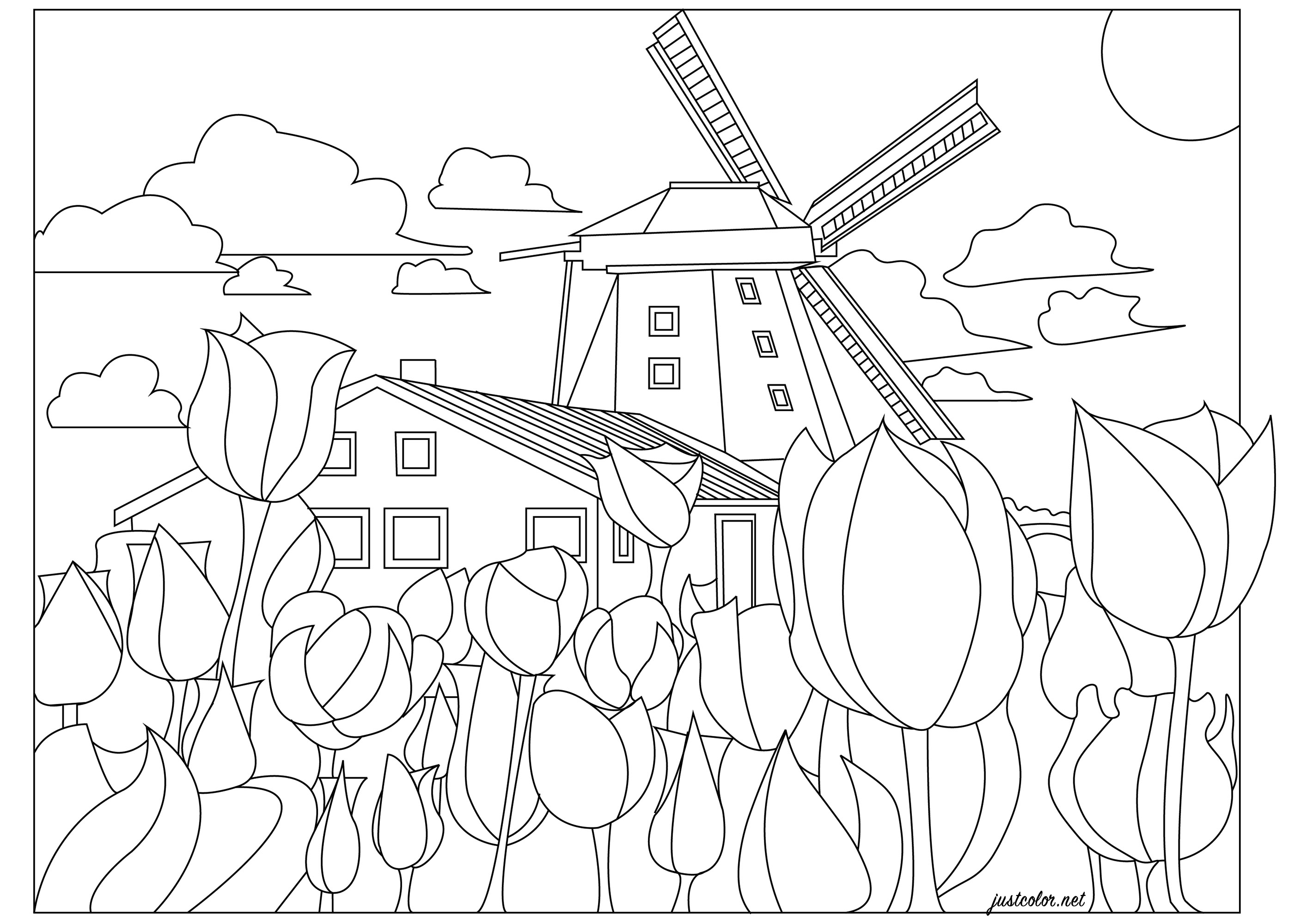 The Netherlands : windmills and tulips - Landscapes Adult Coloring Pages