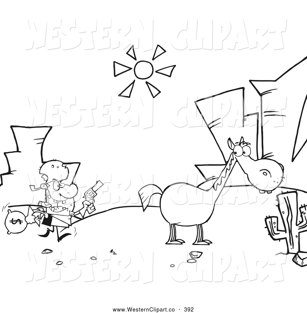 Vector Western Clip Art of a Coloring Page Outline of a Robber Running  Towards His Horse in the Desert by Hit Toon - #392