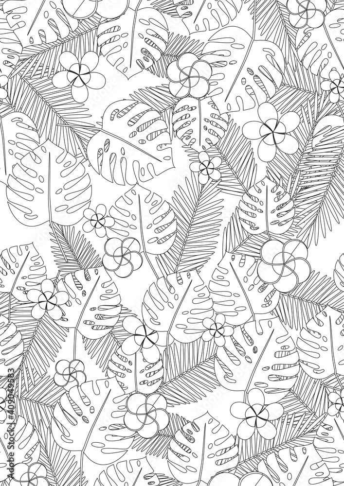 Exotic coloring page for adults with monstera leaf, outline vector stock  illustration in with colorless anti stress coloring book with tropical  plant in a4 format Stock Vector | Adobe Stock