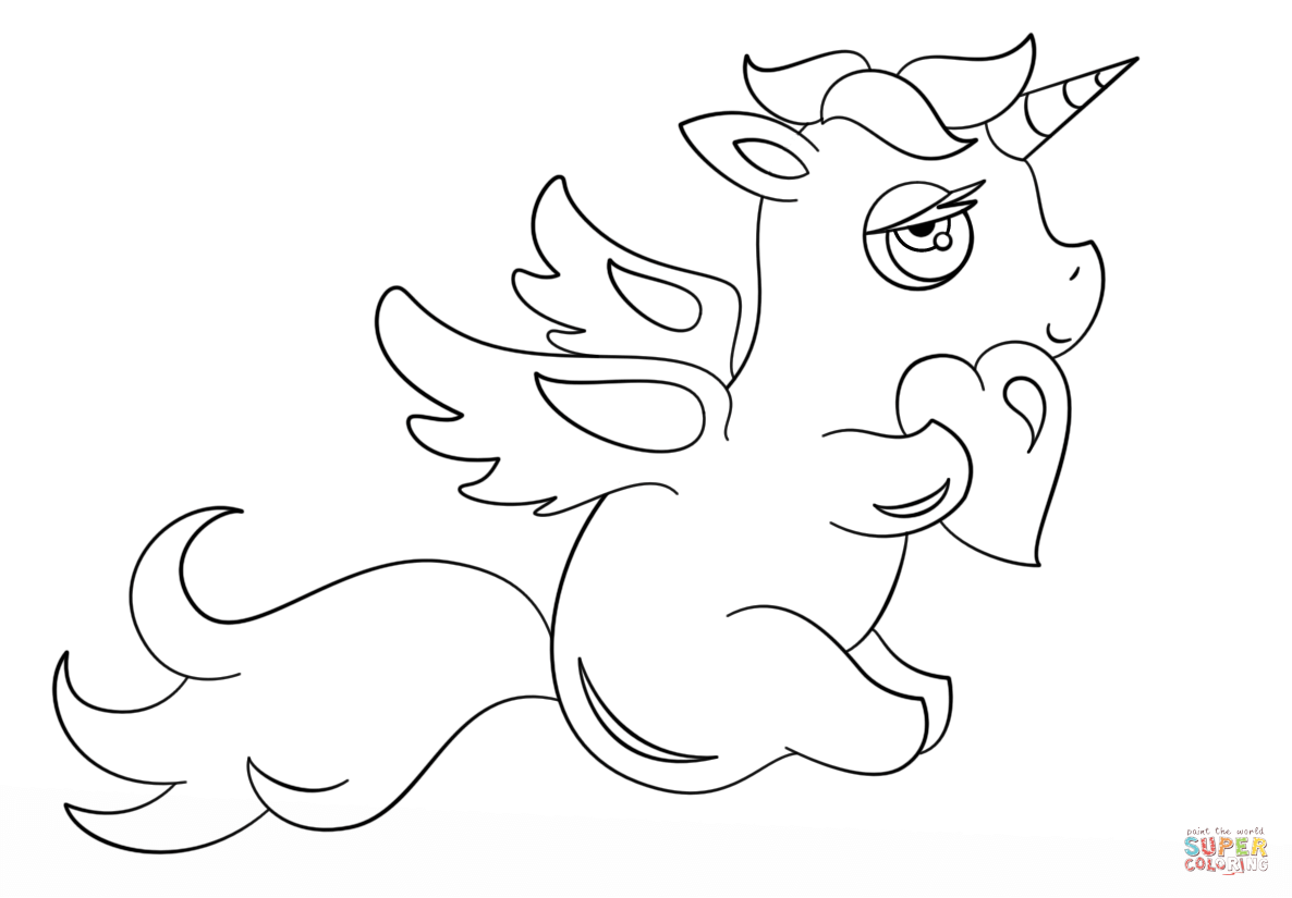 Chibi Unicorn with Heart coloring page | Free Printable Coloring Pages