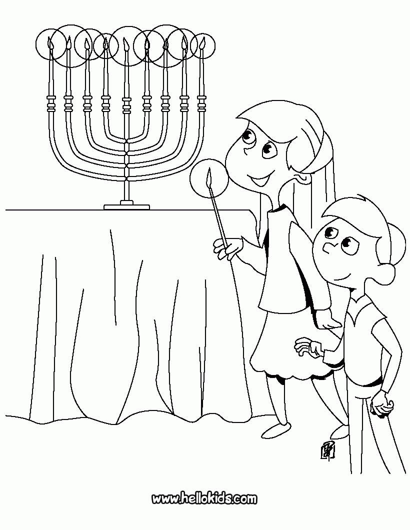 HANUKKAH coloring pages - Kids lighting the Menorah