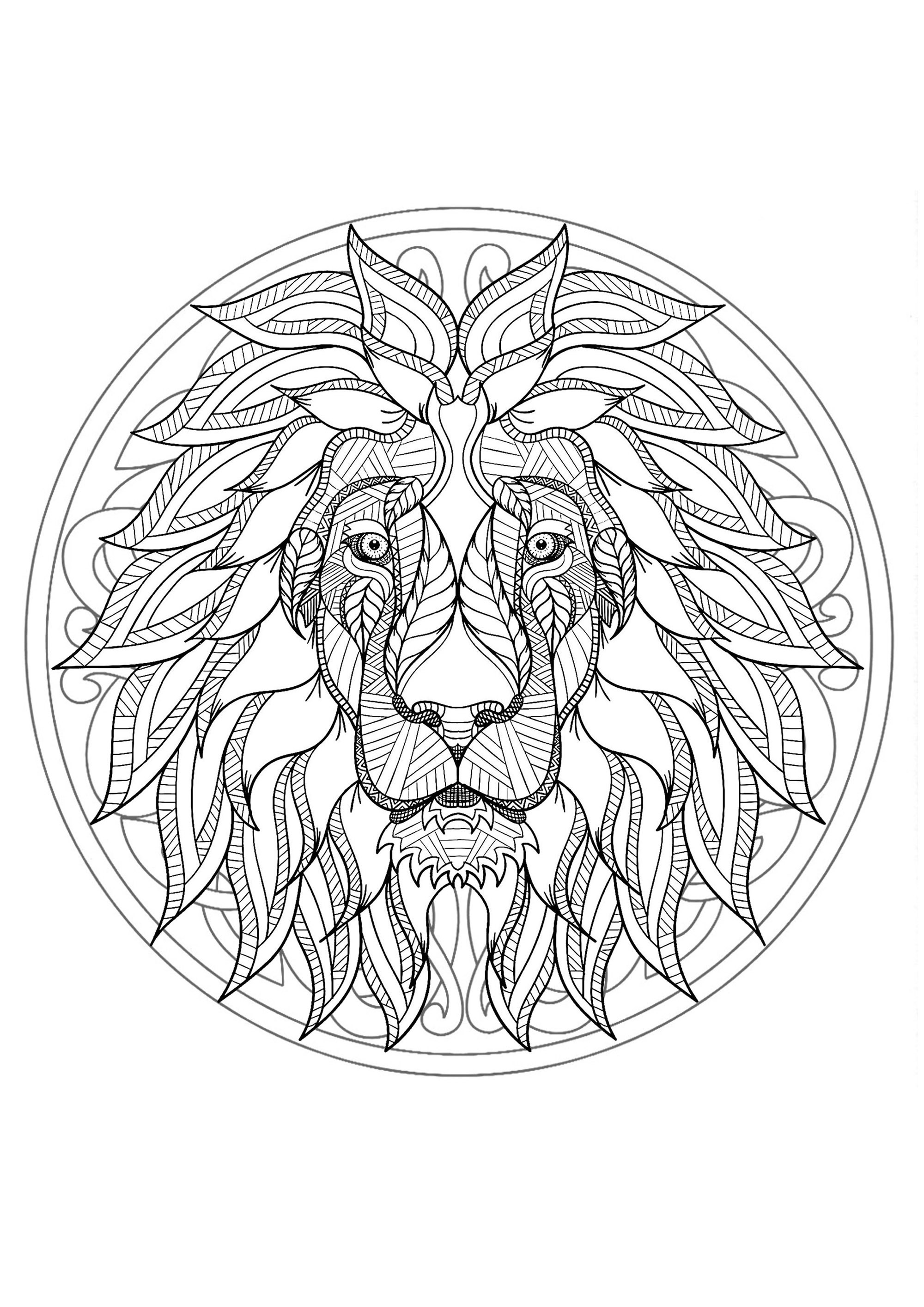 Complex Mandala coloring page with majestic Lion head - 1 - Difficult  Mandalas (for adults)