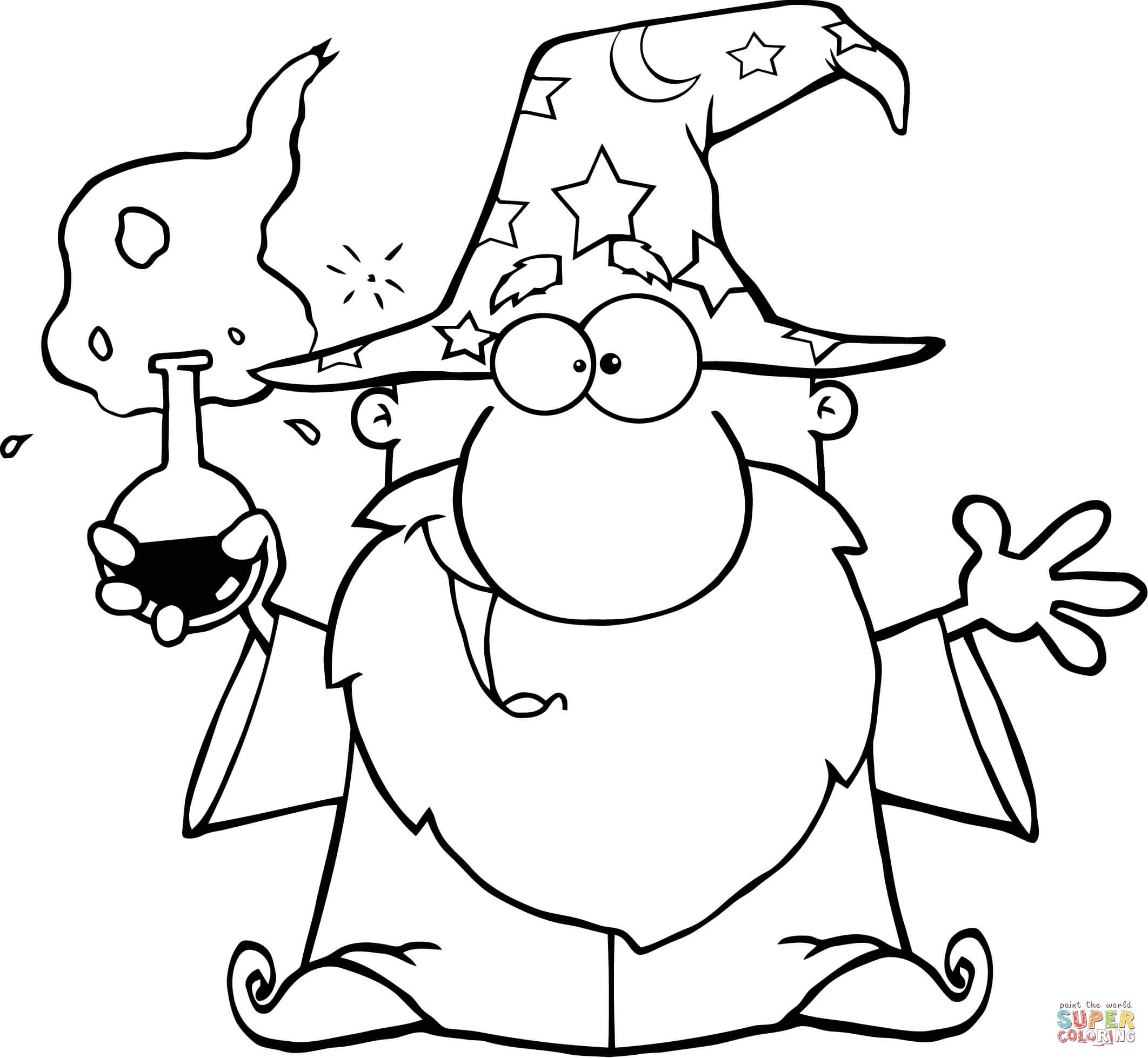Crazy Wizard Holding a Green Magic Potion coloring page | Free Printable Coloring  Pages