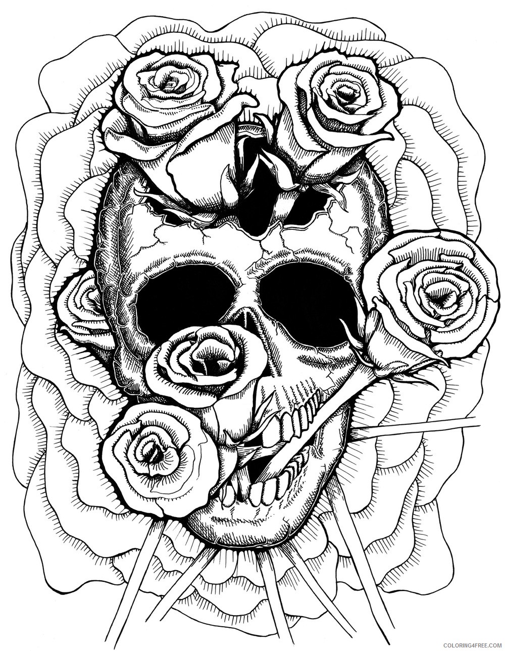 trippy coloring pages skull and roses Coloring4free - Coloring4Free.com