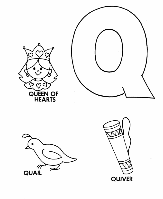 ABC Alphabet Coloring Sheets - Q is for Queen / Quail / Quiver 