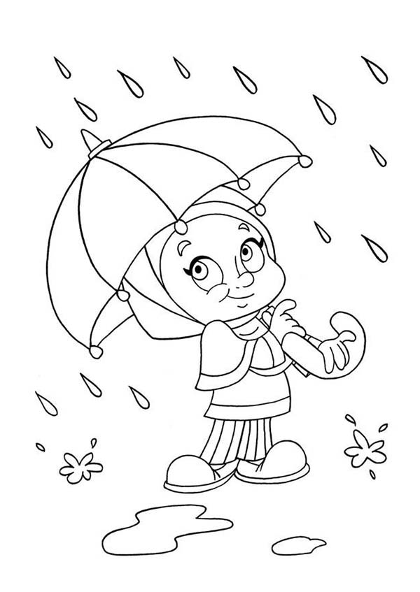 Raindrop, A Little Girl Avoiding Raindrop With Umbrella Coloring Page