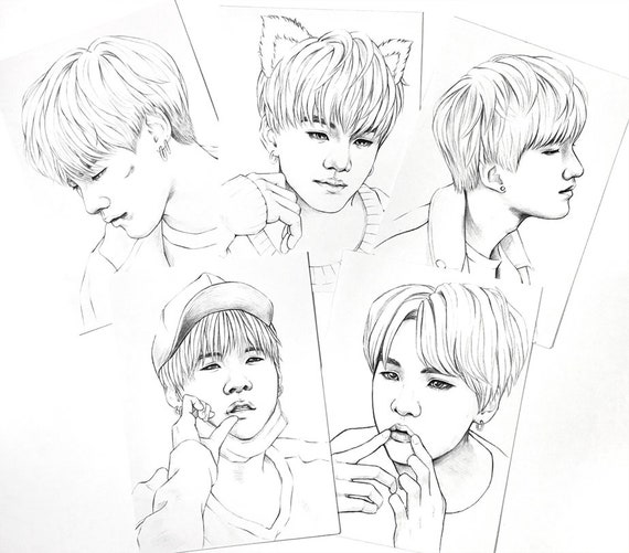 BTS Coloring pages, 10 BTS Suga Yoongi Min realistic drawings on heavy  weight paper 5x7 inch
