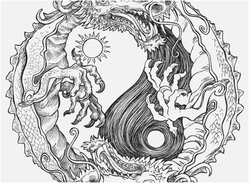 Detailed Coloring Books Design Sun and Moon Dragon Yin Yang ...