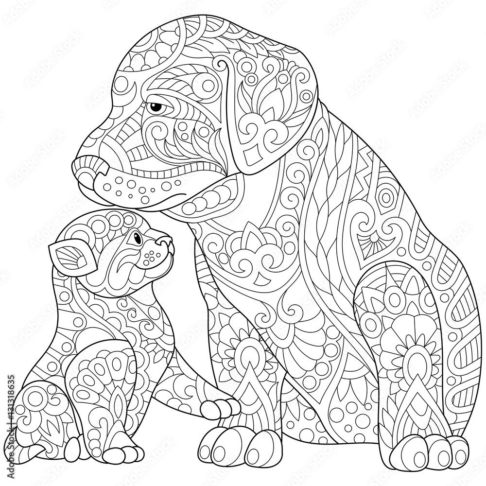 Stylized cute friends cat (young kitten) and labrador dog (puppy). Freehand  sketch for adult anti stress coloring book page with doodle and zentangle  elements. Stock Vector | Adobe Stock