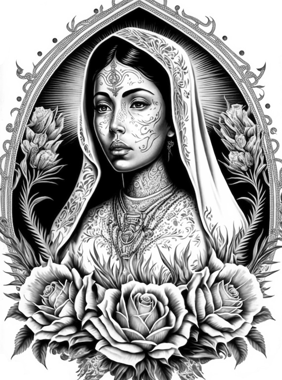 Beautiful Chicana Virgin Mary With Roses Adult Coloring Page - Etsy
