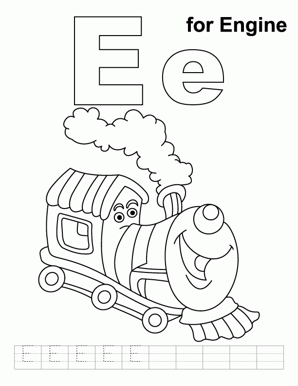 E for engine coloring page with handwriting practice | Download 