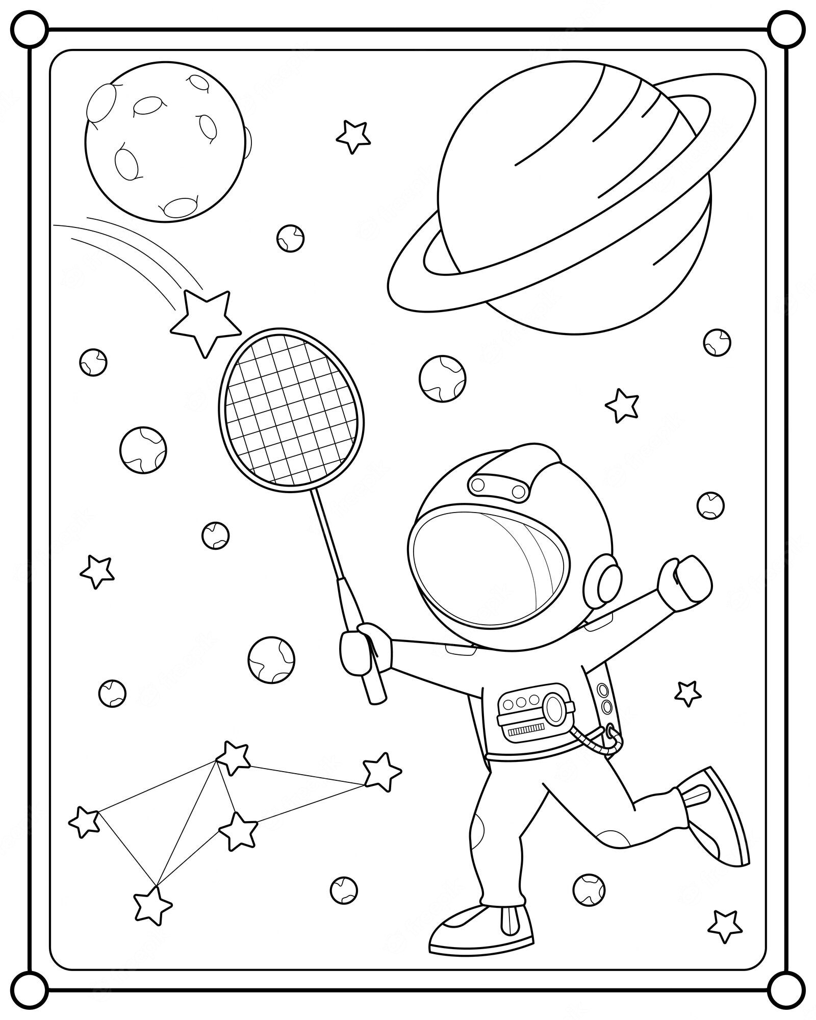 Premium Vector | Cute astronaut playing badminton in space suitable for  children's coloring page vector illustration