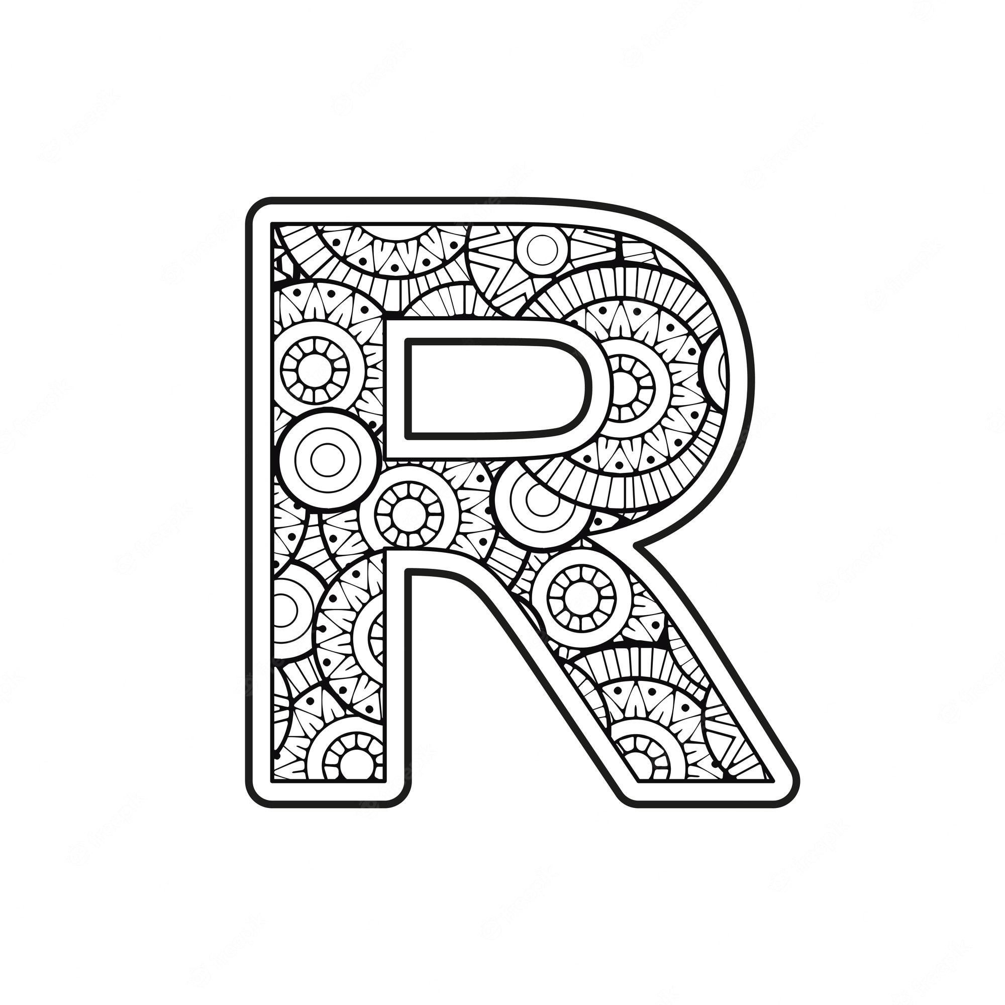 Premium Vector | Vector coloring page for adults contour black and white  capital english letter r on a mandala background