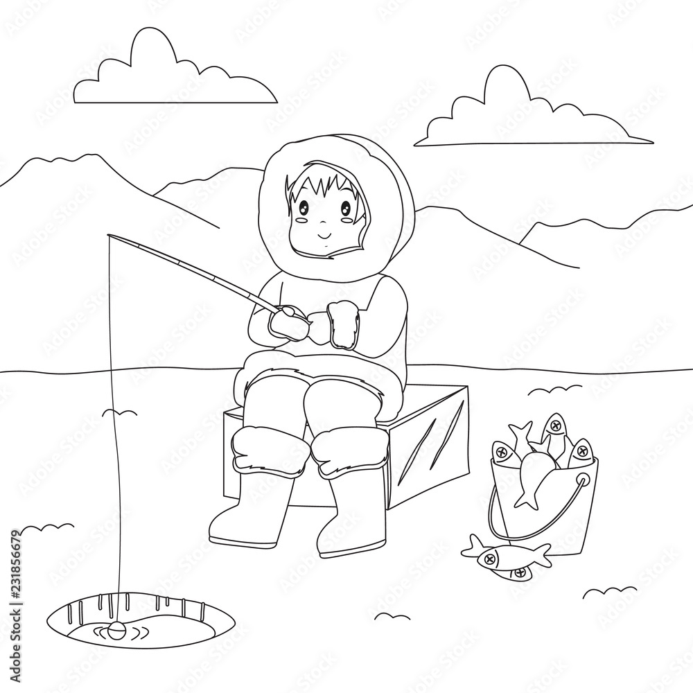 Eskimo man fishing through the ice hole, cartoon vector. Coloring page for  kids Stock Vector | Adobe Stock