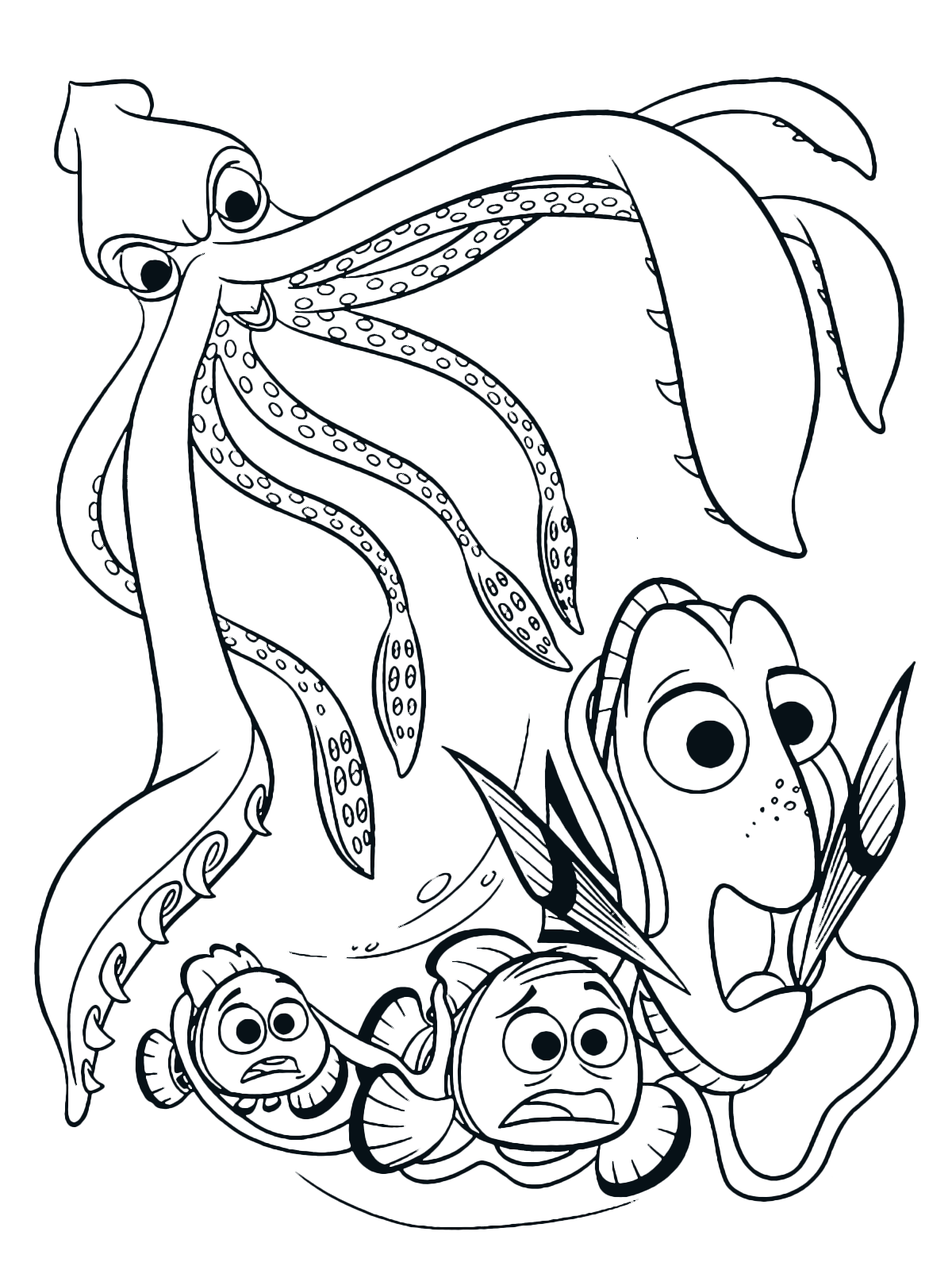 Finding Dory coloring page - Dory Marlin and Nemo are attacked by a giant  squid | Animal coloring pages, Nemo coloring pages, Coloring pictures