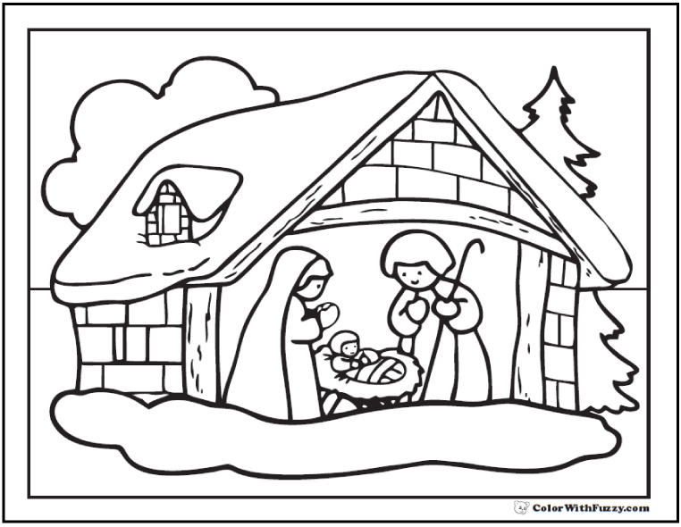 Nativity Scene Coloring Page: Snowy Christmas