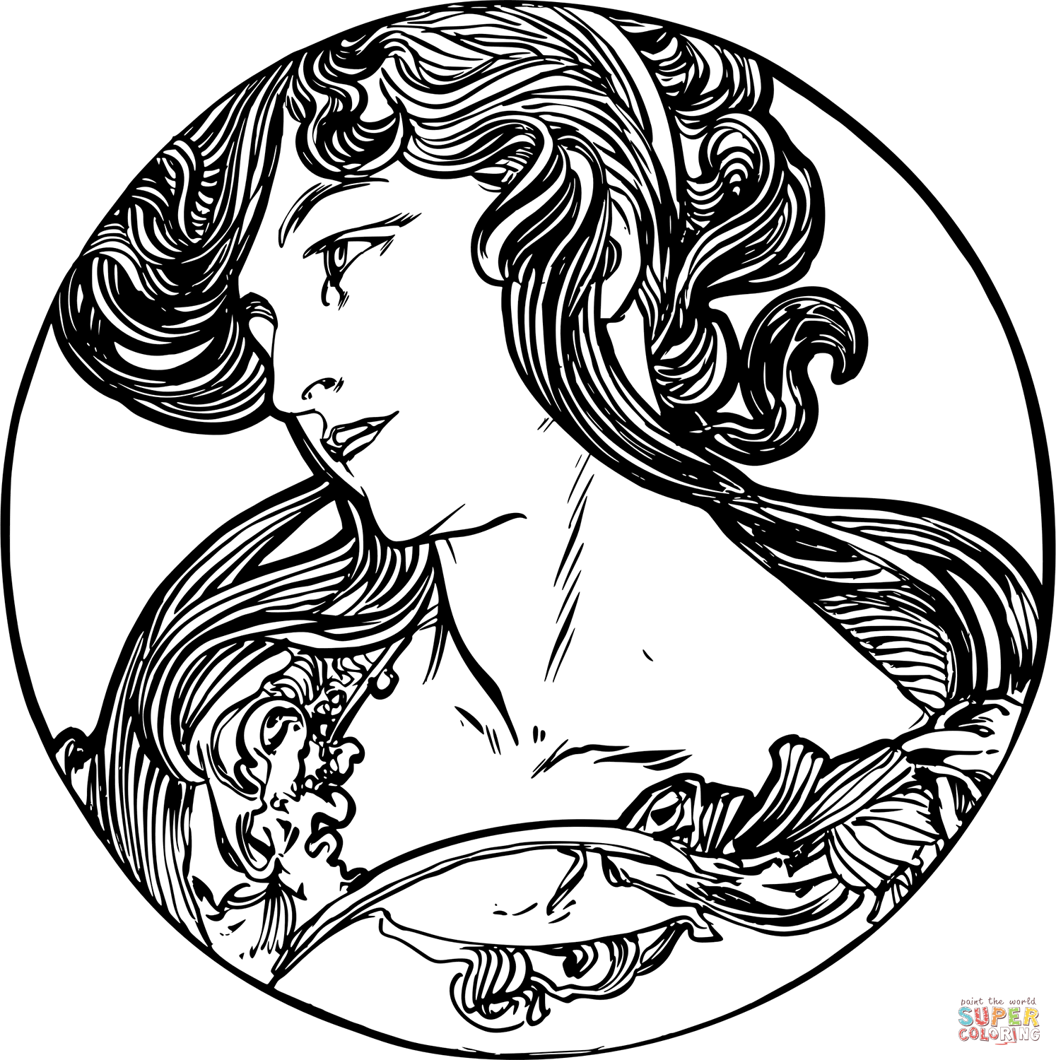 Woman's Portrait by Alphonse Mucha coloring page | Free Printable Coloring  Pages