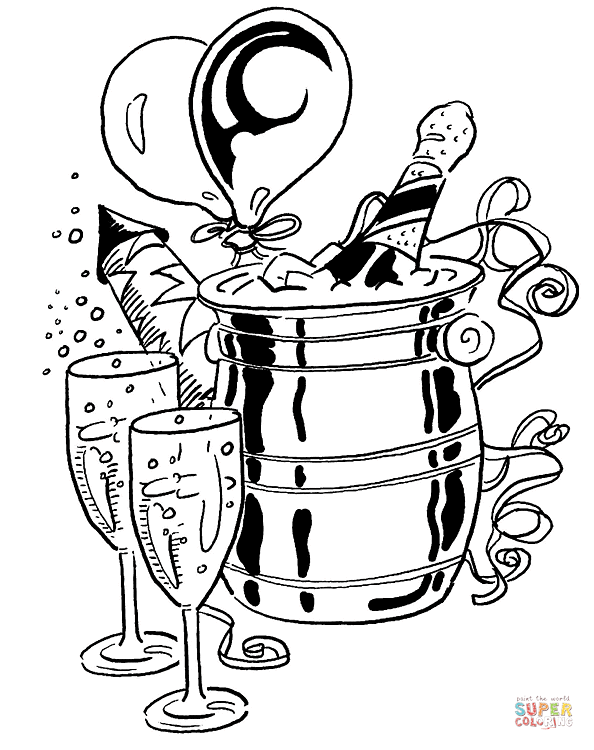 Champagne with Glasses and Balloons coloring page | Free Printable Coloring  Pages