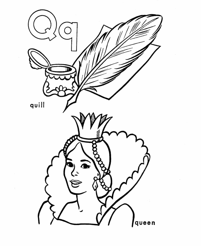 ABC Alphabet Coloring Sheets - Q is for Quill / Queen | HonkingDonkey