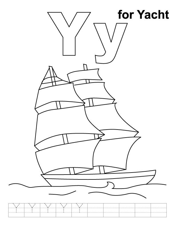Y for yacht coloring page with handwriting practice | Download 