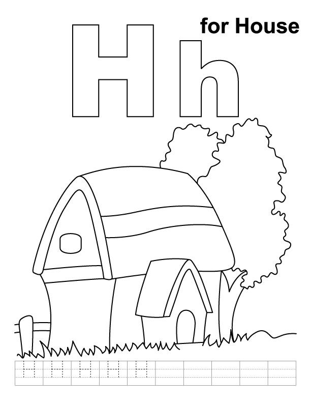 H for house coloring page with handwriting practice | Download 