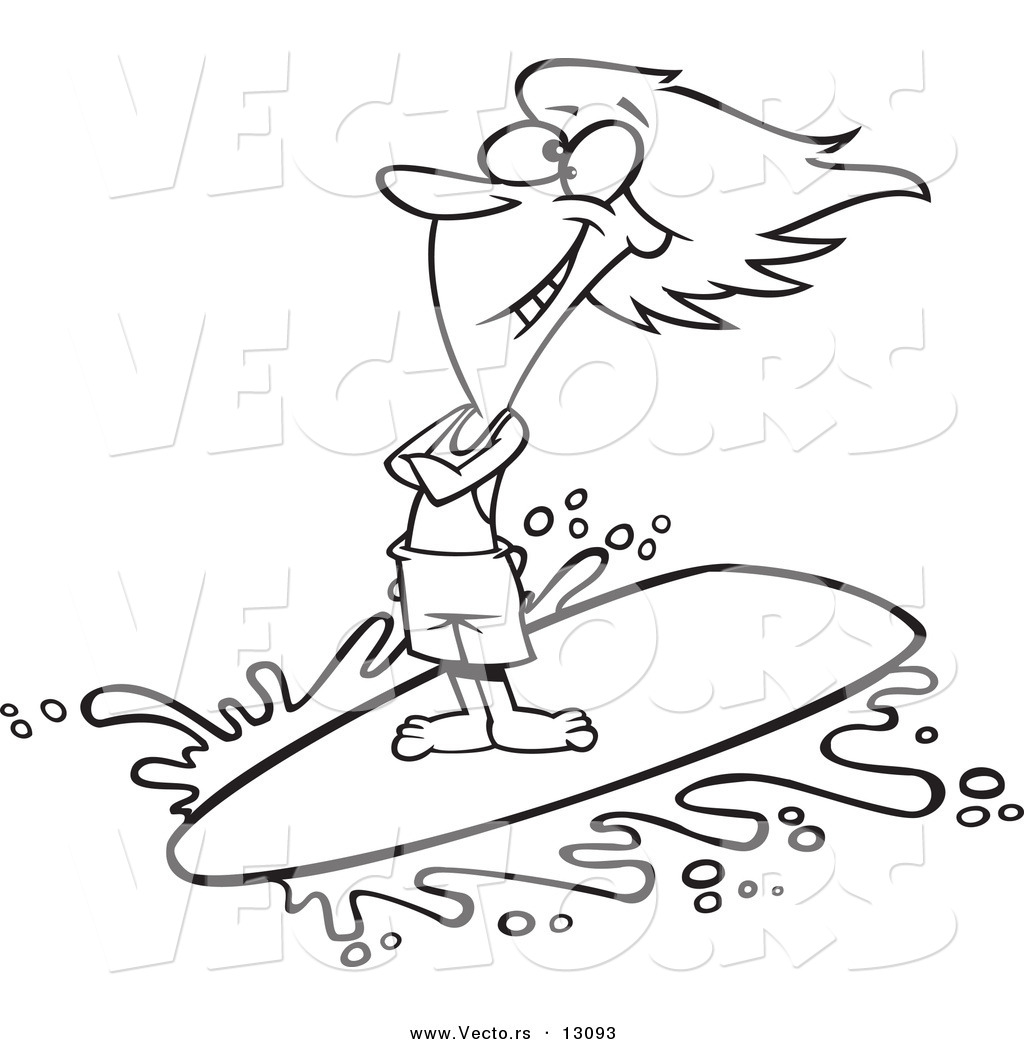 Vector of a Cartoon Happy Surfer Girl Riding a Wave - Outlined Coloring Page  by toonaday - #13093