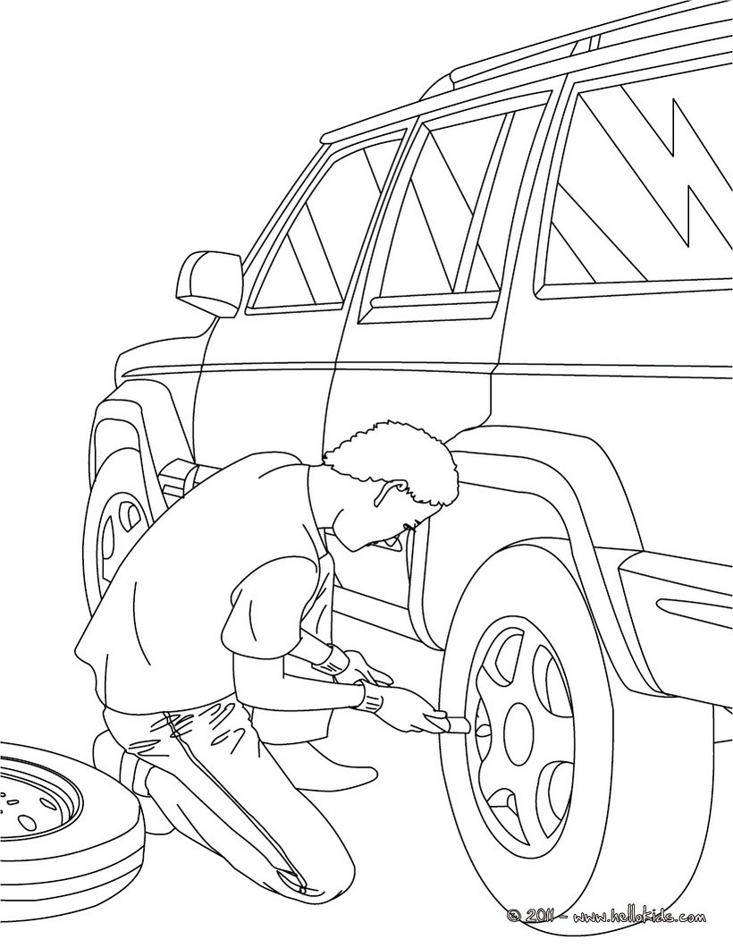 Mechanic changing a wheel coloring pages - Hellokids.com