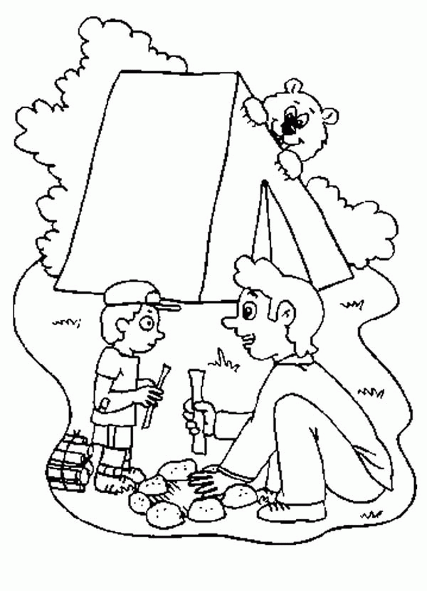 Father Teach His Son Make Campfire at Camping Coloring Page ...