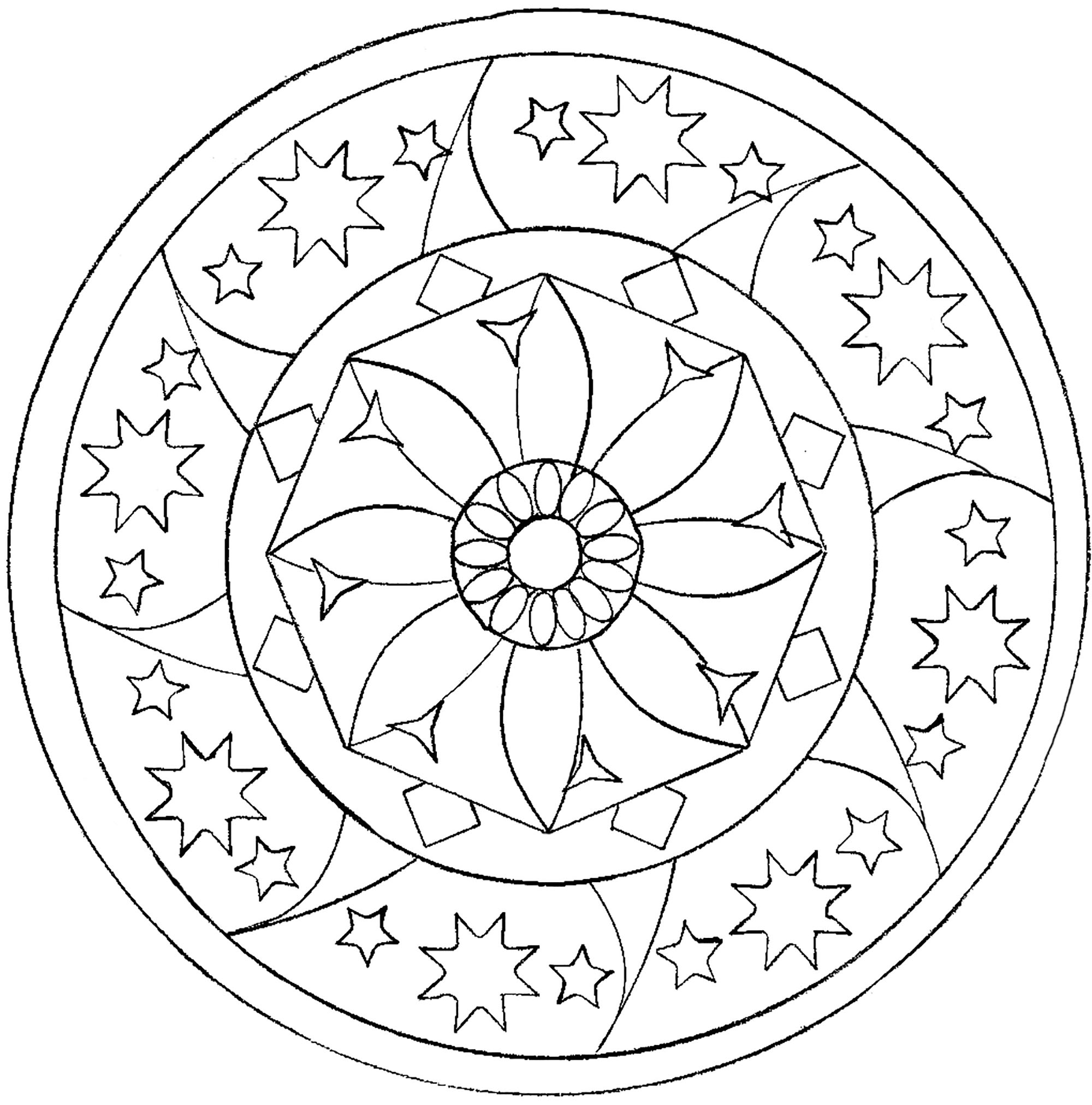 Mandala coloring page with stars and big flower - Easy Mandalas for kids -  100% Mandalas Zen & Anti-stress