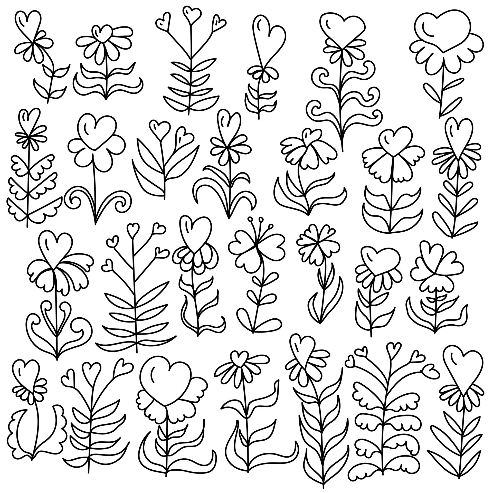 Set of fantasy doodle flowers with heart shaped petals, romantic outline  herbs for design cards, invitations, coloring pages, etc. 7796870 Vector  Art at Vecteezy