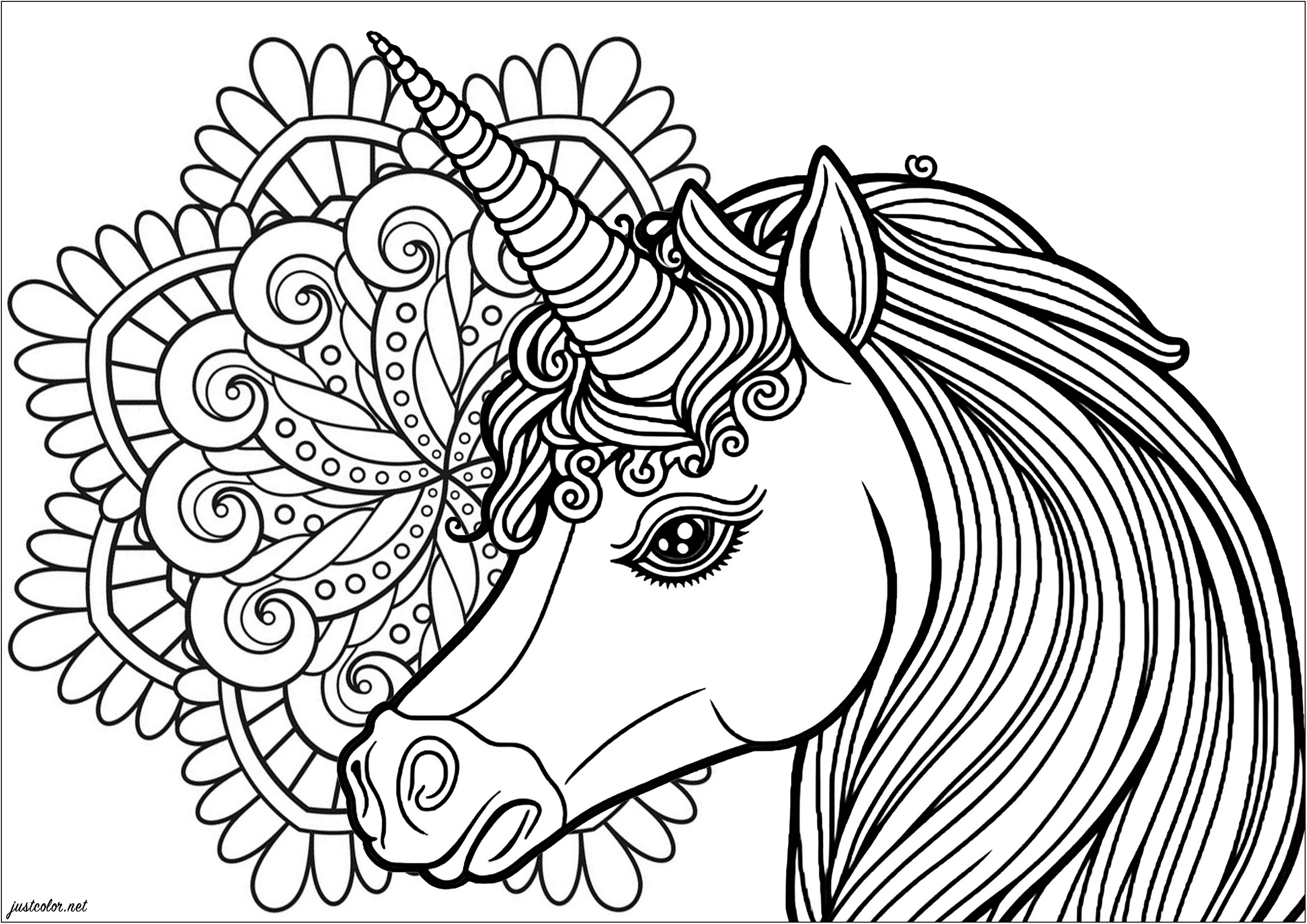 Unicorn profile with a cute Mandala in the background - Unicorns Adult Coloring  Pages