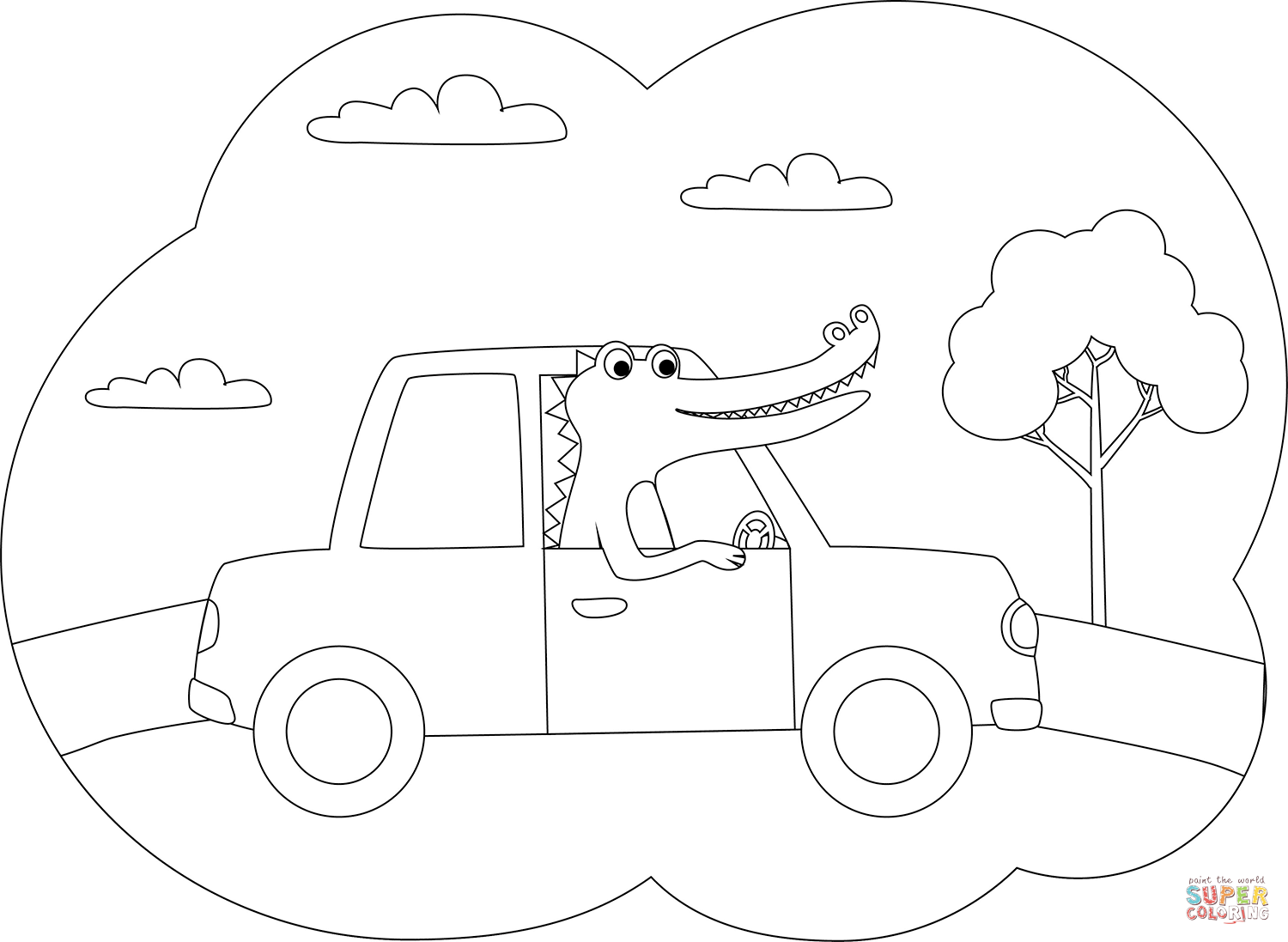 Crocodile Driving a Car coloring page | Free Printable Coloring Pages