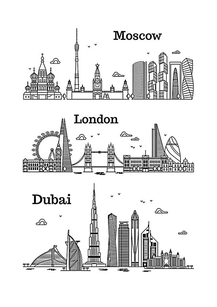 London, Moscow and Dubai-coloring book - Razukraski.com