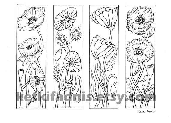 Coloring bookmarks Poppy flowers bookmarks coloring page | Etsy