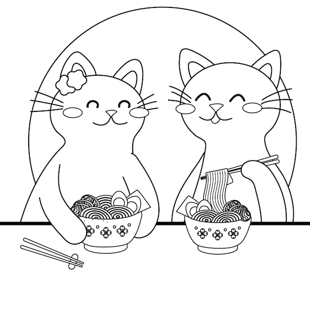 Premium Vector | Cute cartoon cats eat ramen noodles, japanese food coloring  page
