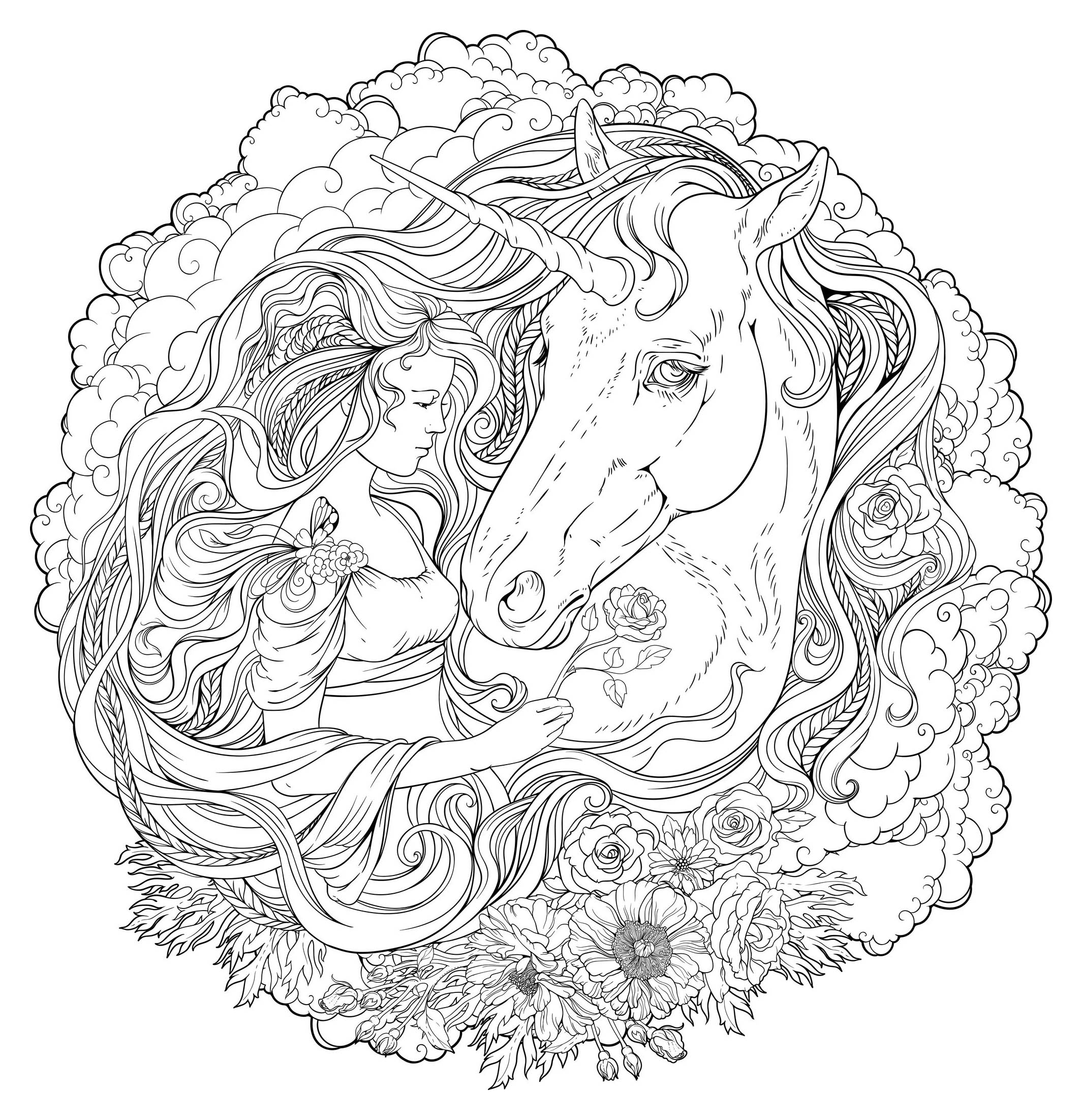 Unicorn & Girl in the clouds - Difficult Mandalas (for adults)