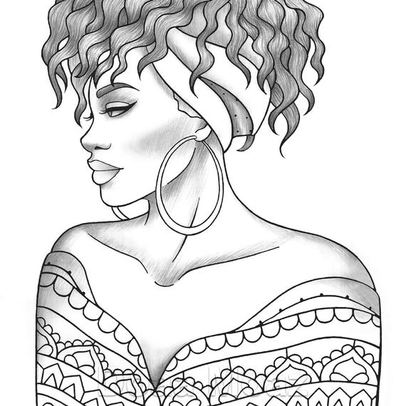 Printable coloring page black girl portrait and clothes | Etsy