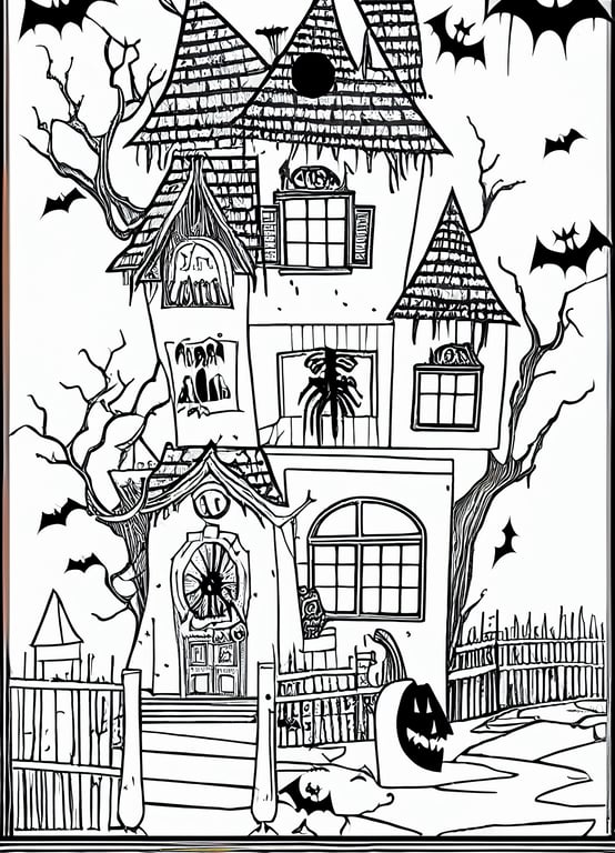 prompthunt: coloring page of Spooky Halloween haunted house scene, colored,  cute for kids,