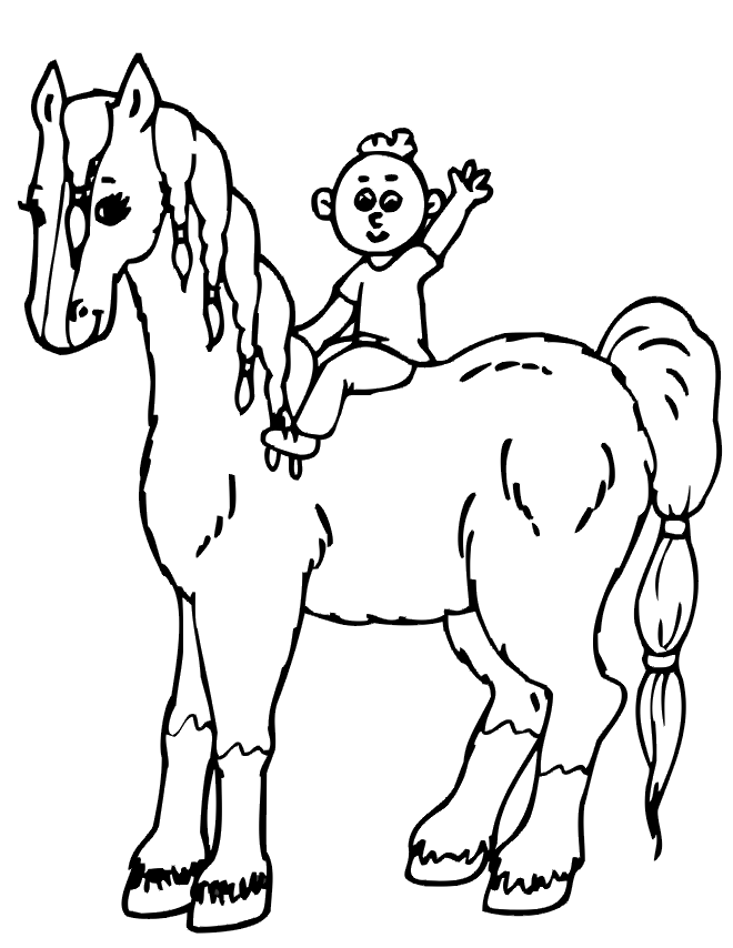 Horse Coloring Page | Young Kid on Large Horse
