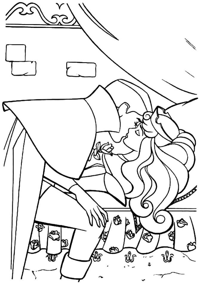Aurora Being Kissed By The Prince Sleeping Beauty Coloring Page 
