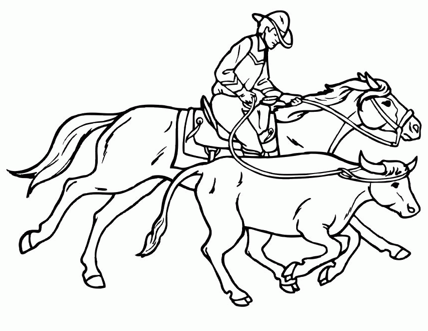 Horse Coloring Page of Cowboy Roping Cow