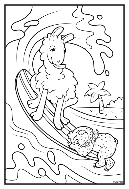 Sloths Love Llamas Surfs Up Coloring Page | crayola.com